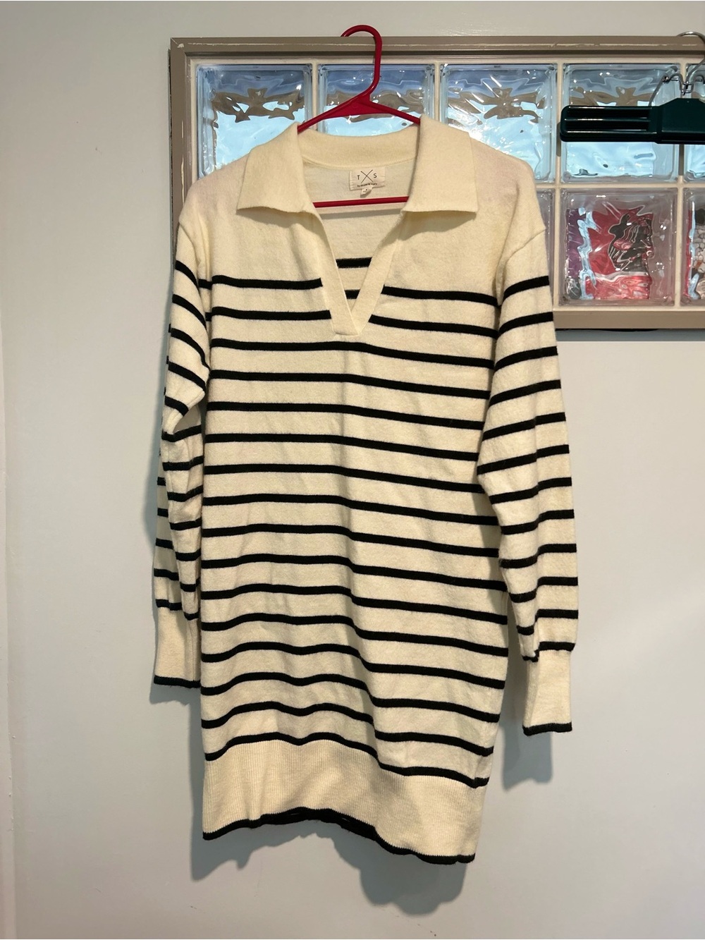 Thread & Supply Cream and Black Striped Collared Knit Top